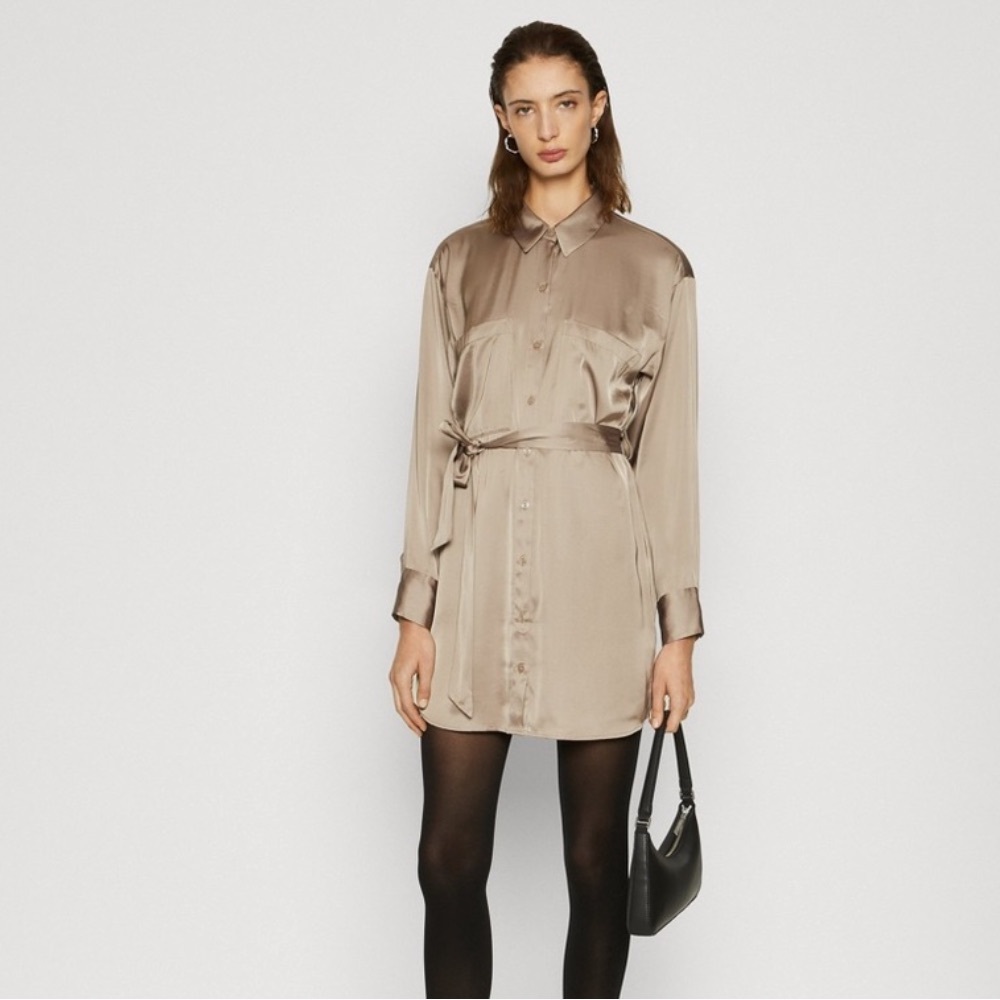 Abercrombie & Fitch Satin Effect Belted Long Sleeve Shirt Dress XSP